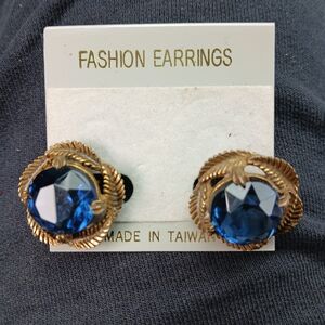 Vintage Clipon Gold and Blue Fashion Earrings